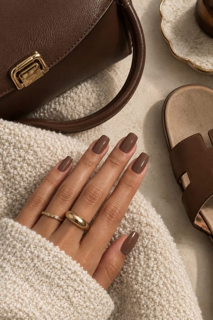 Glossy cocoa nude September nails styled with cream boucle fabric, gold jewelry, and brown leather accessories.
