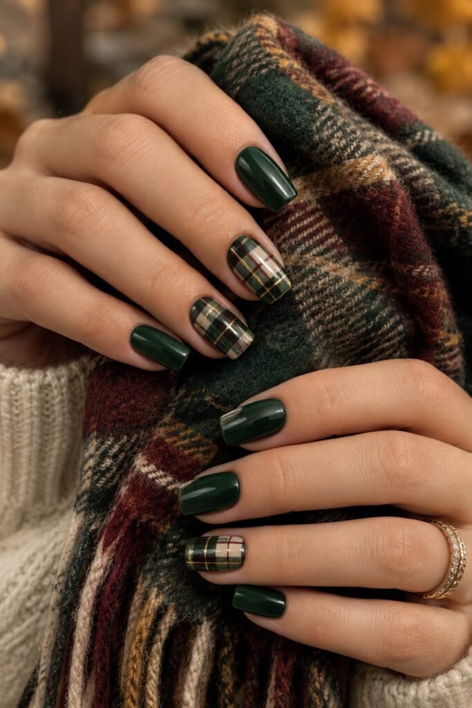 Glossy hunter green square nails with sophisticated tartan accents in cream, burgundy, and gold.