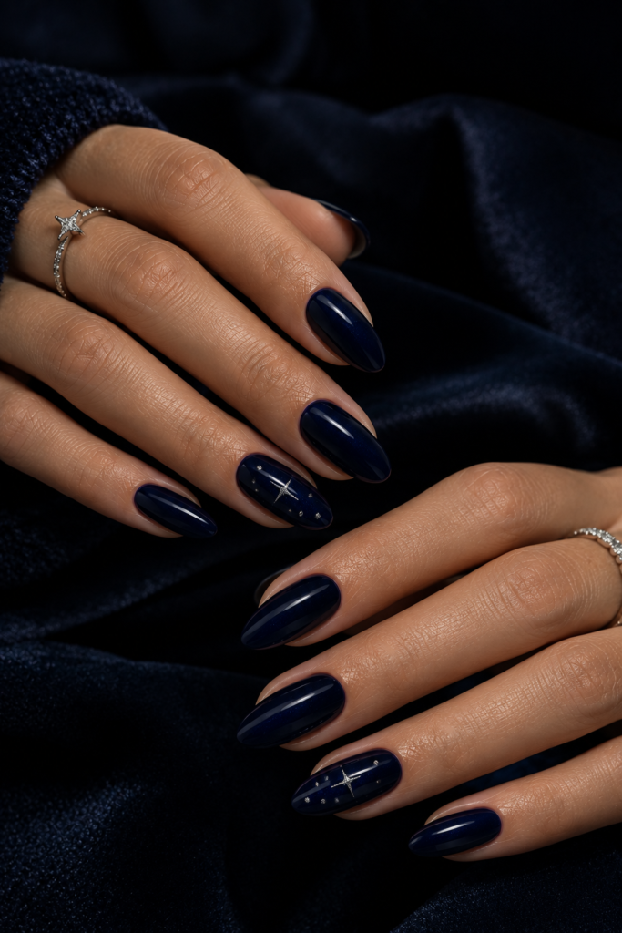 Glossy midnight blue almond nails with delicate silver star accents
