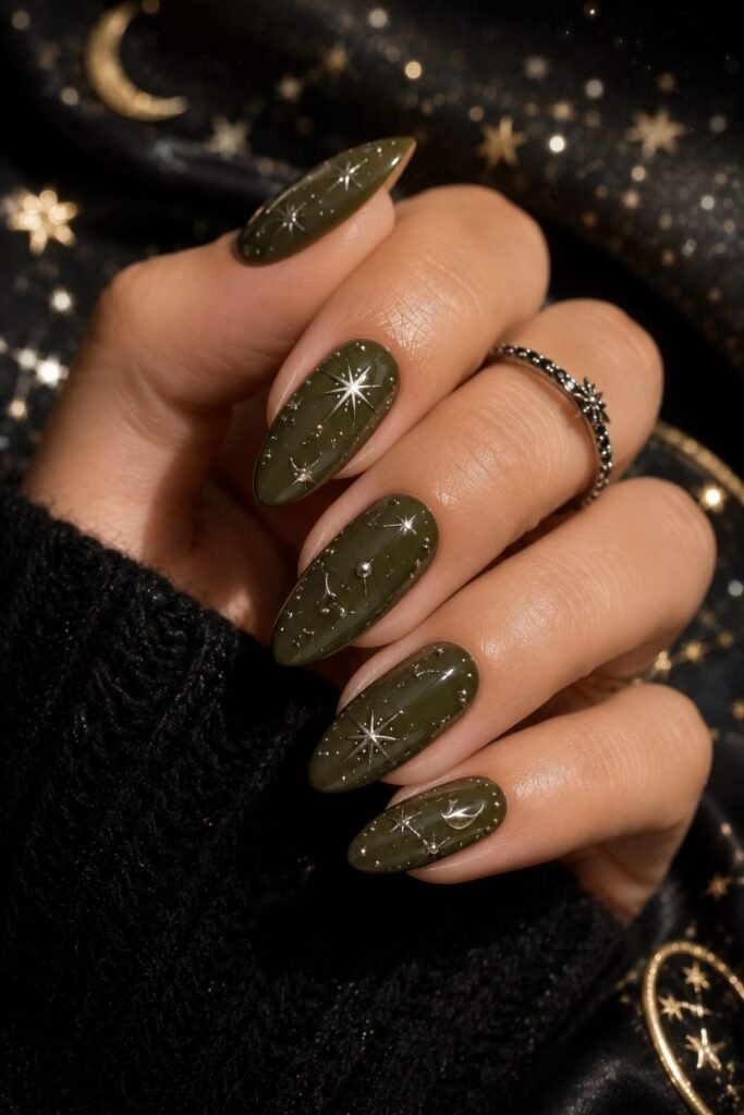 Glossy olive green nails decorated with metallic silver chrome starbursts.