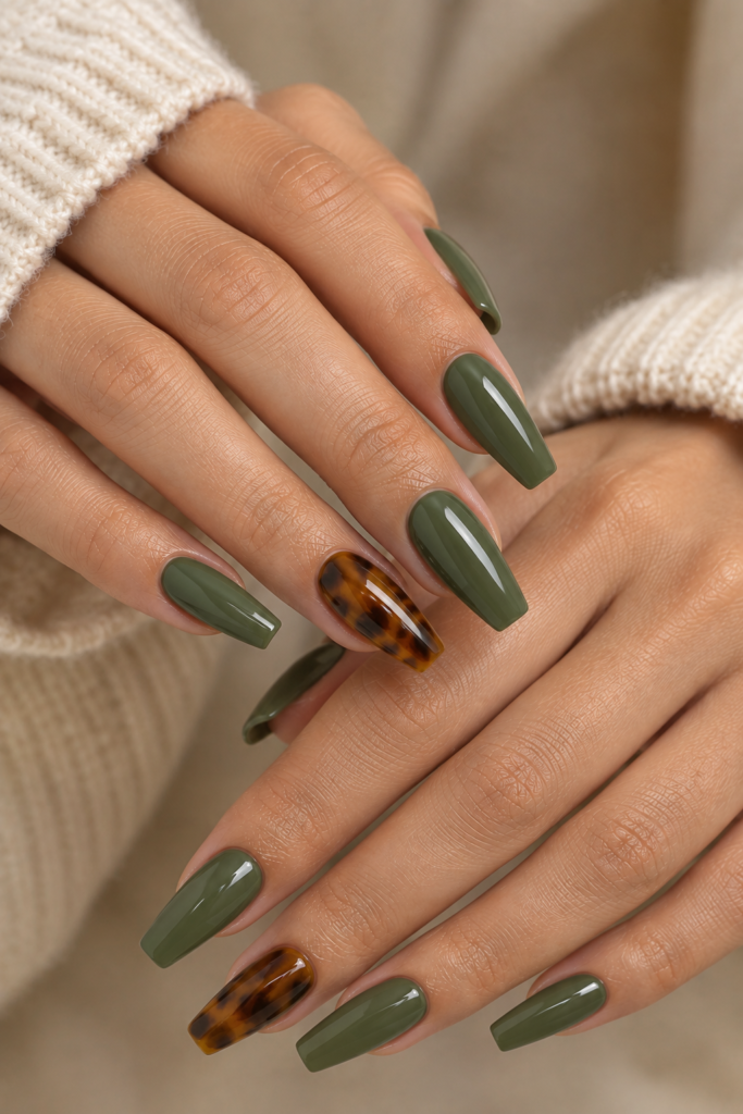Glossy olive green nails paired with warm caramel tortoiseshell accent nails.