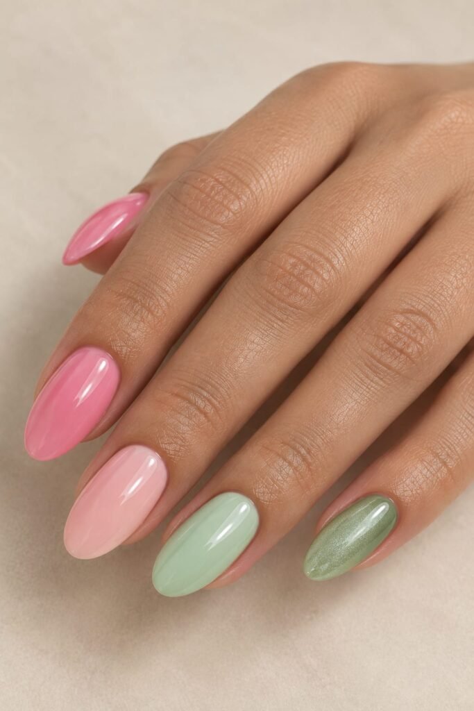 Glossy pink and green skittle nails in varied pastel shades