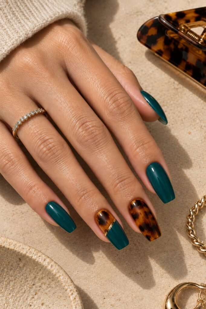 Glossy teal nails with warm tortoiseshell and delicate gold accent details.