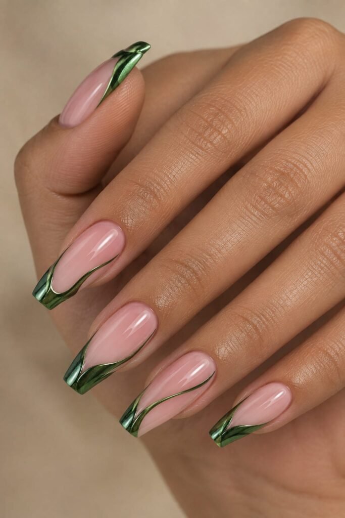 Green aura nails with soft strawberry-pink centers