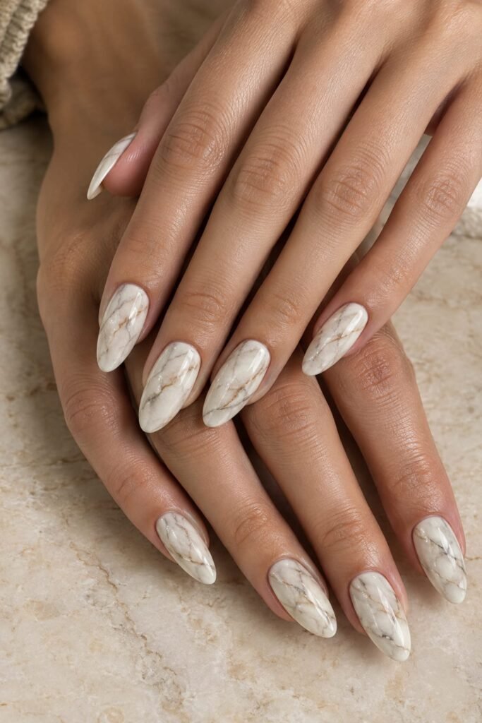  Ivory almond marble nails with delicate taupe and gray limestone-inspired veining
