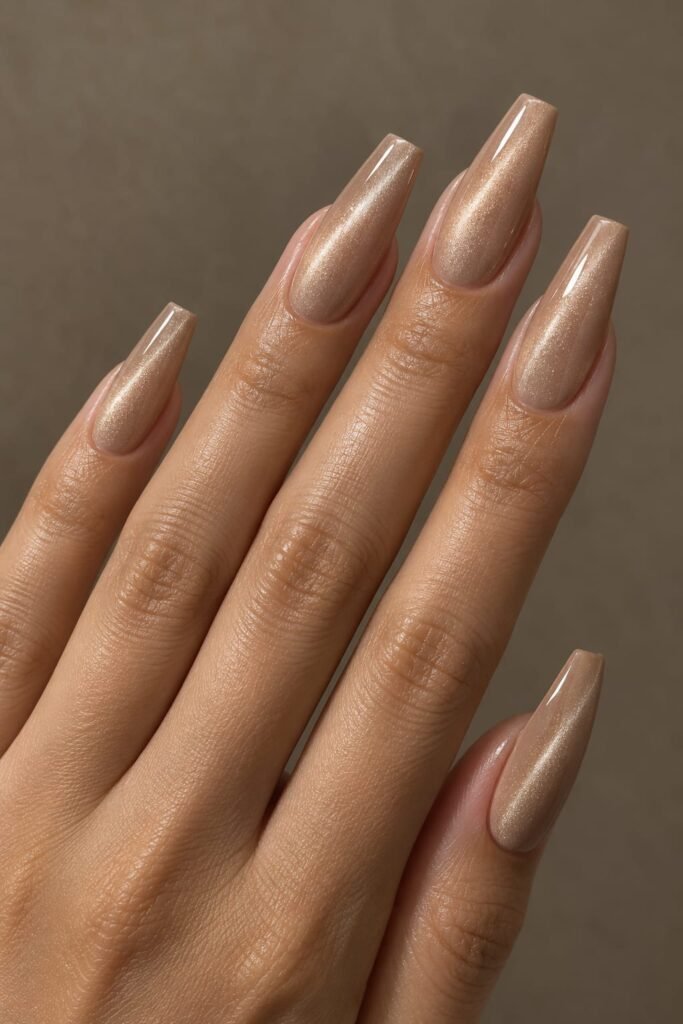 Latte beige coffin nails with a magnetic cat-eye velvet effect
