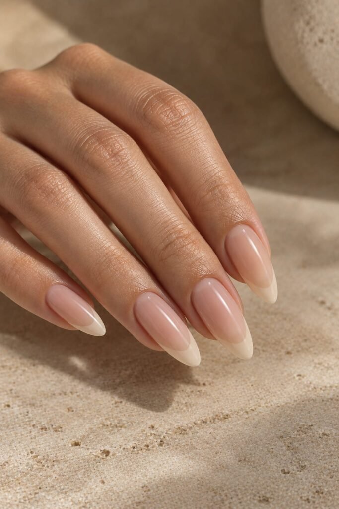  Long almond foggy French nails with deeper creamy diffused tips