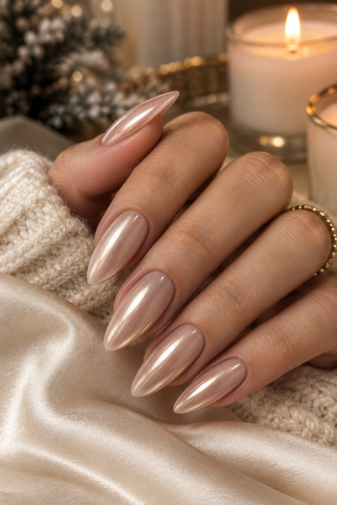 Long almond nails with warm nude polish and soft champagne chrome shine.