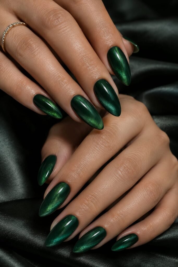 Long almond nails with a luminous deep emerald velvet finish against soft dark satin.