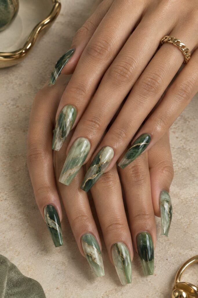 Long coffin jade marble nails with moss green, celadon, and creamy mineral veins