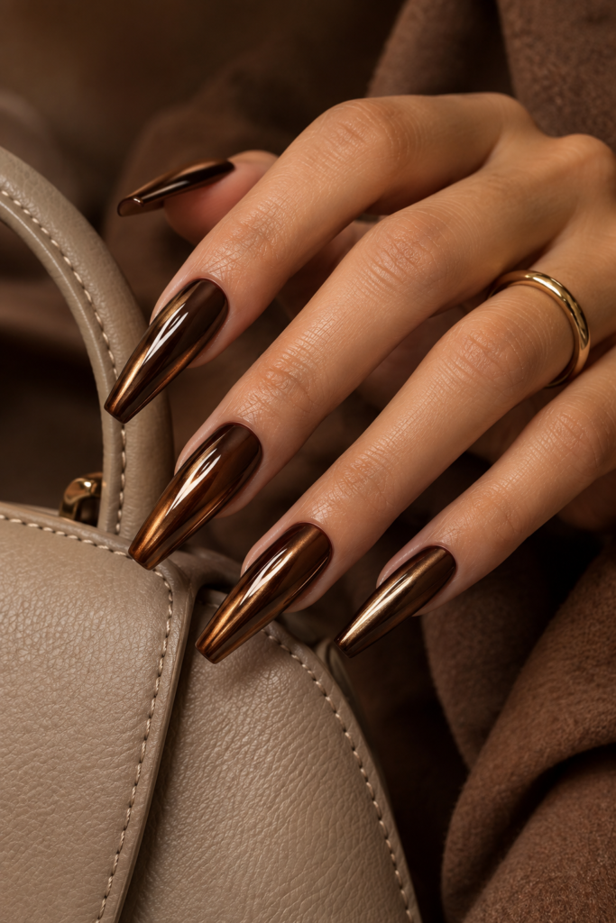Long coffin nails with deep chocolate brown polish and reflective bronze chrome shine.