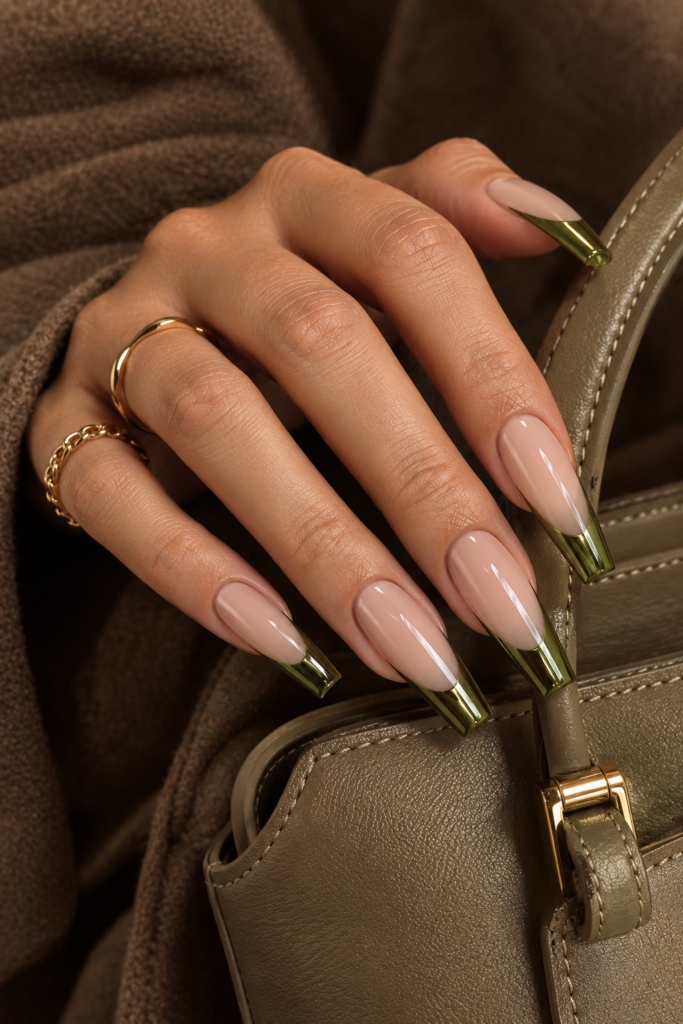 Long coffin nails with nude polish and reflective olive green chrome French tips