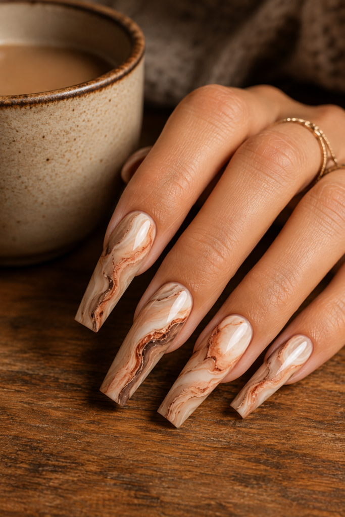 Long coffin nails with beige bases and cinnamon, terracotta, and brown marble swirls.