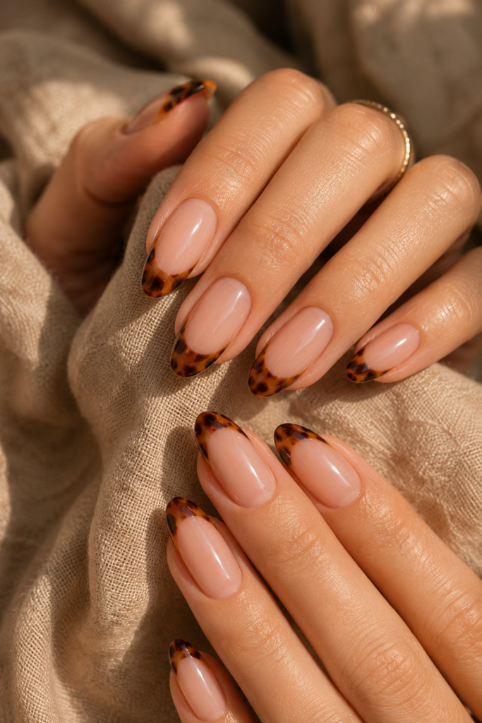 Long oval nails with sheer nude bases and caramel tortoiseshell French tips.