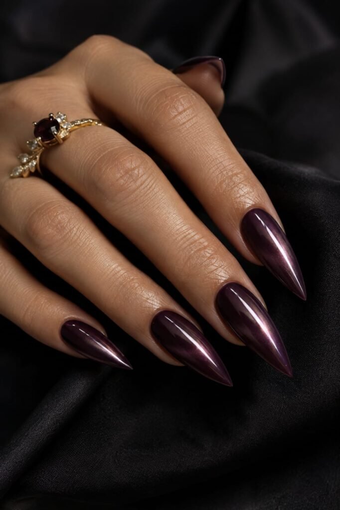 Long stiletto nails in dark plum with a glossy pearly glazed finish.