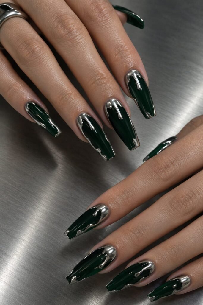 Long tapered square pine green nails with flowing metallic silver drip accents.