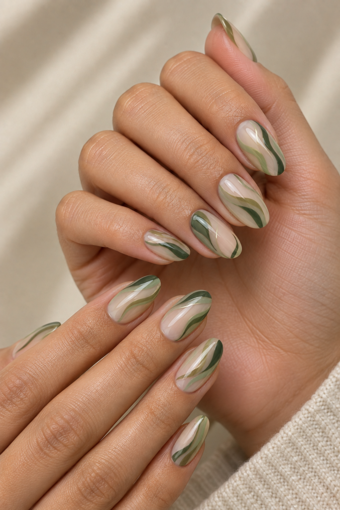 Matcha green and sage swirl nail art over a creamy neutral oval manicure.