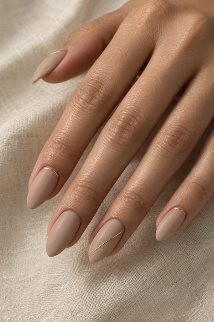 Matte beige almond nails with delicate gold line accents