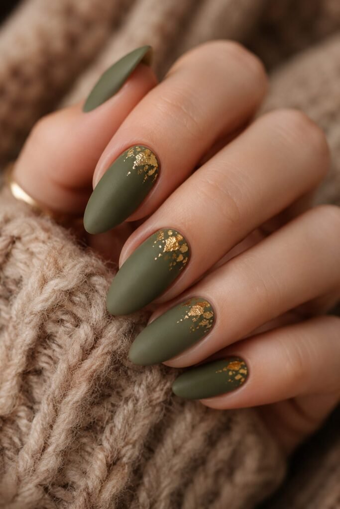 Matte olive green almond nails featuring luxurious gold foil details.