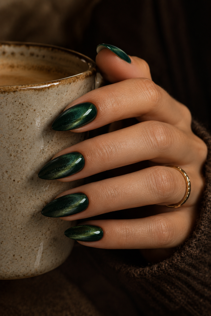 Medium almond nails in deep forest green velvet magnetic polish with luminous highlights.