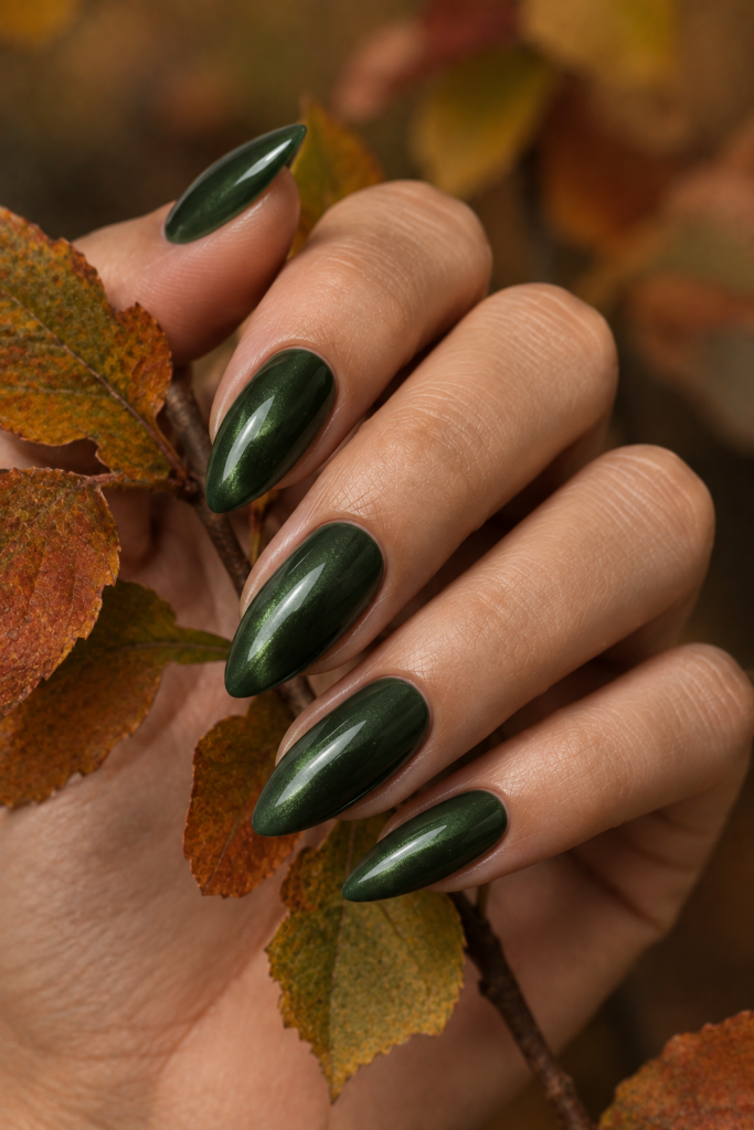 Medium almond nails in deep forest green with a soft pearlescent glazed shine.