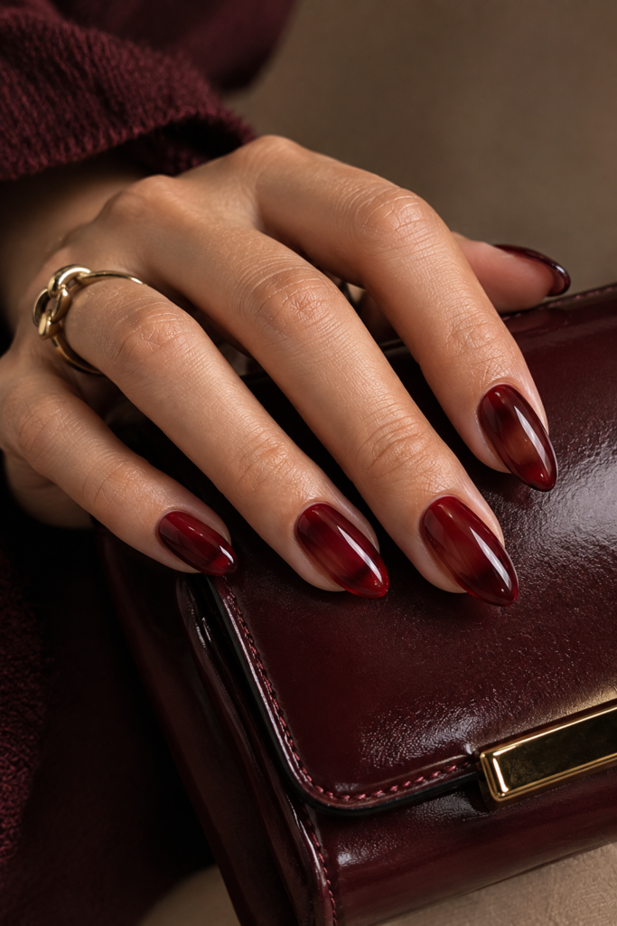 Medium almond nails with translucent cranberry red jelly polish and glossy shine