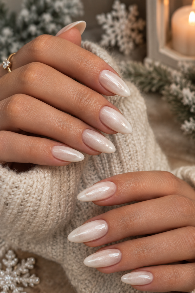 Medium almond nails with milky white polish and delicate pearly winter shimmer.