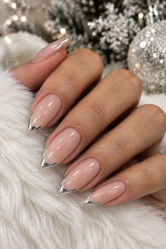 Medium almond nails with a sheer nude base and metallic silver French tips.
