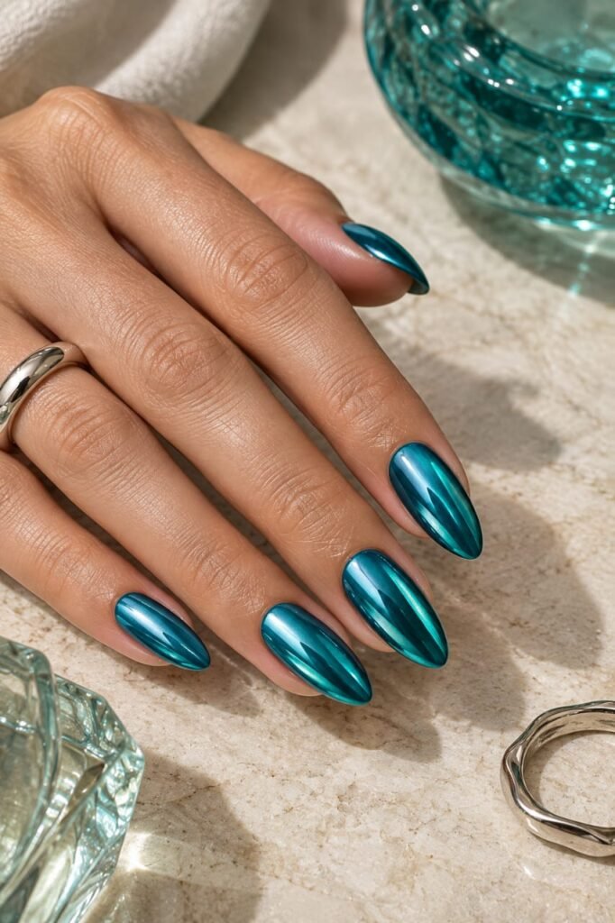 Medium almond nails with reflective teal chrome polish and a blue-green metallic finish.