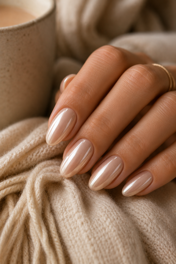 Medium almond nails with warm milky nude polish and soft champagne chrome shine.