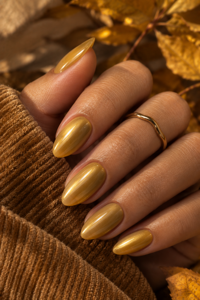 Medium almond nails in muted mustard yellow with a soft golden chrome finish.
