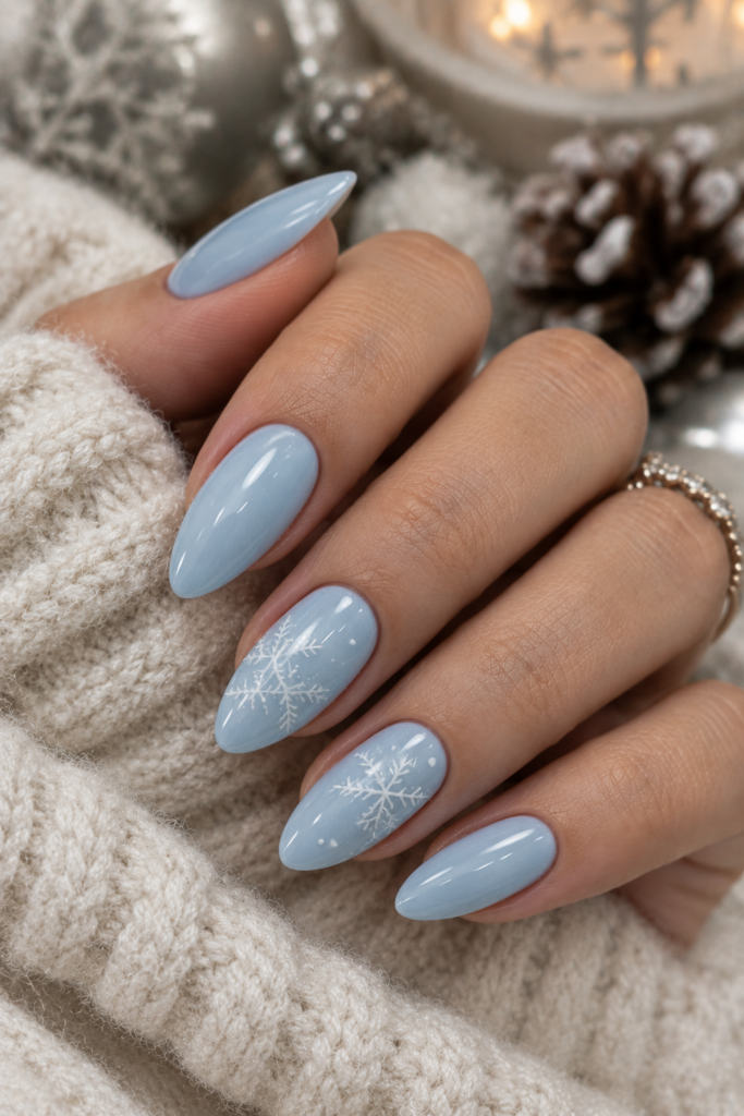 Medium almond pale blue nails with minimal white snowflake accent details.