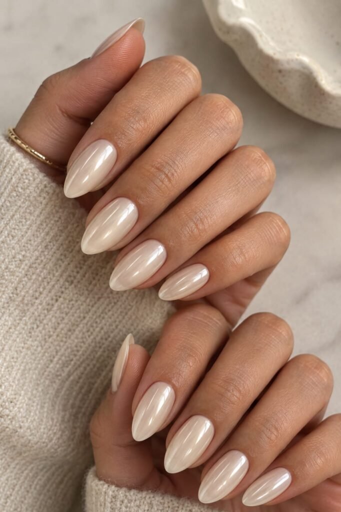 Medium almond vanilla chrome nails with a soft pearly champagne finish