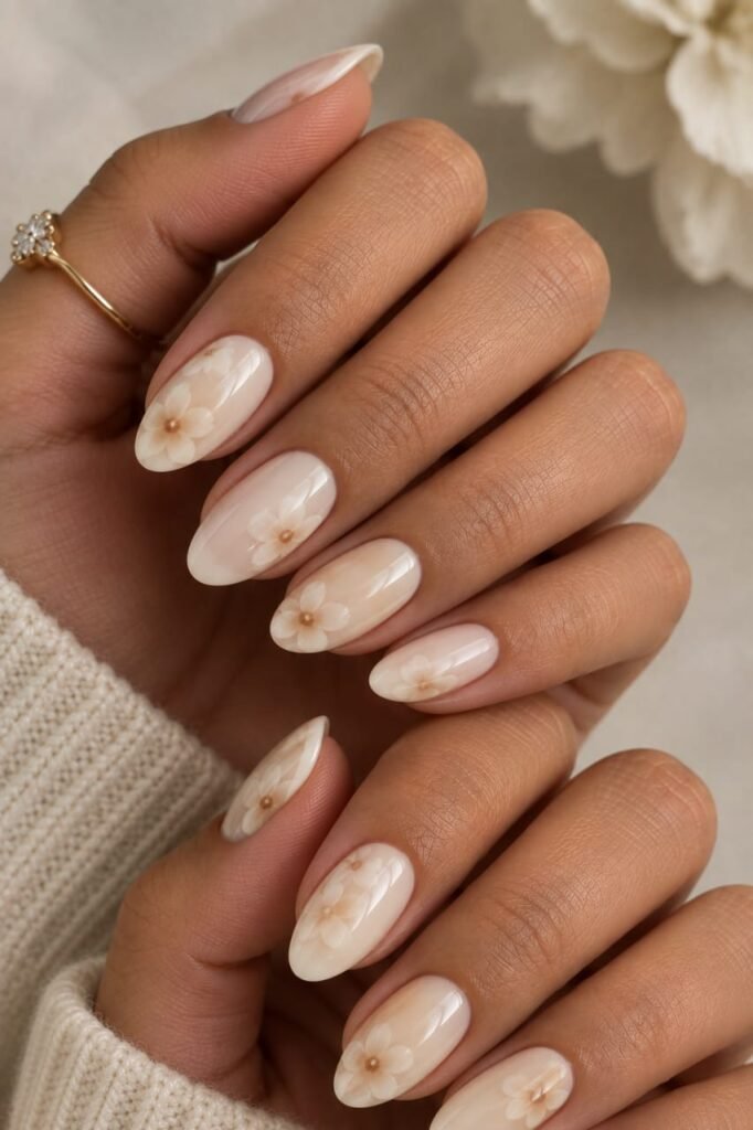 Medium almond vanilla nails with soft blooming-gel ivory flowers