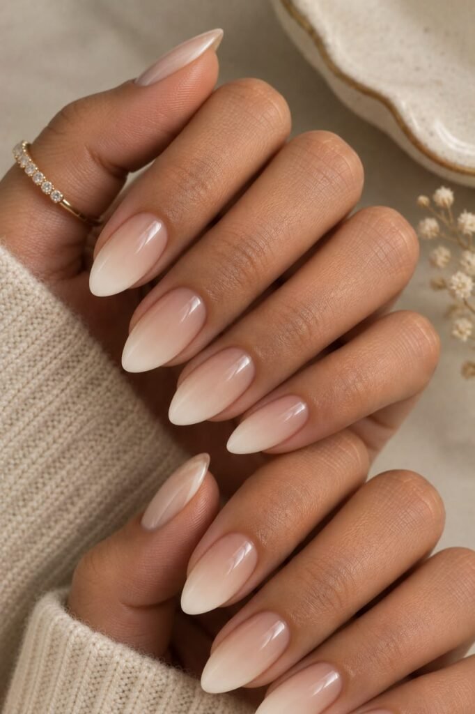 Medium almond vanilla ombré nails fading from warm nude to creamy ivory