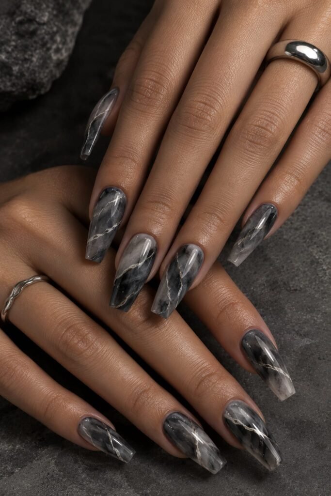 Medium coffin black and gray marble nails with smoky graphite and ivory veins