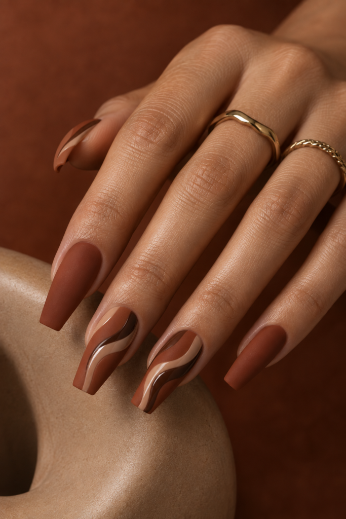 Medium coffin nails with matte burnt sienna polish and glossy nude wave details.