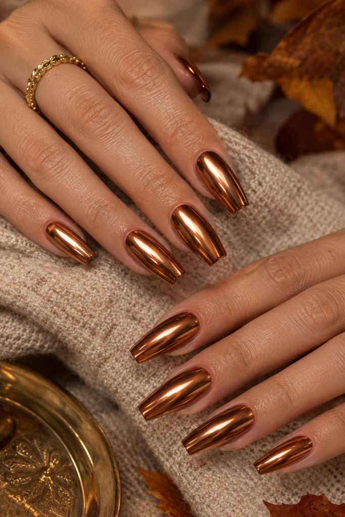 Medium coffin nails covered in reflective burnished copper chrome polish.