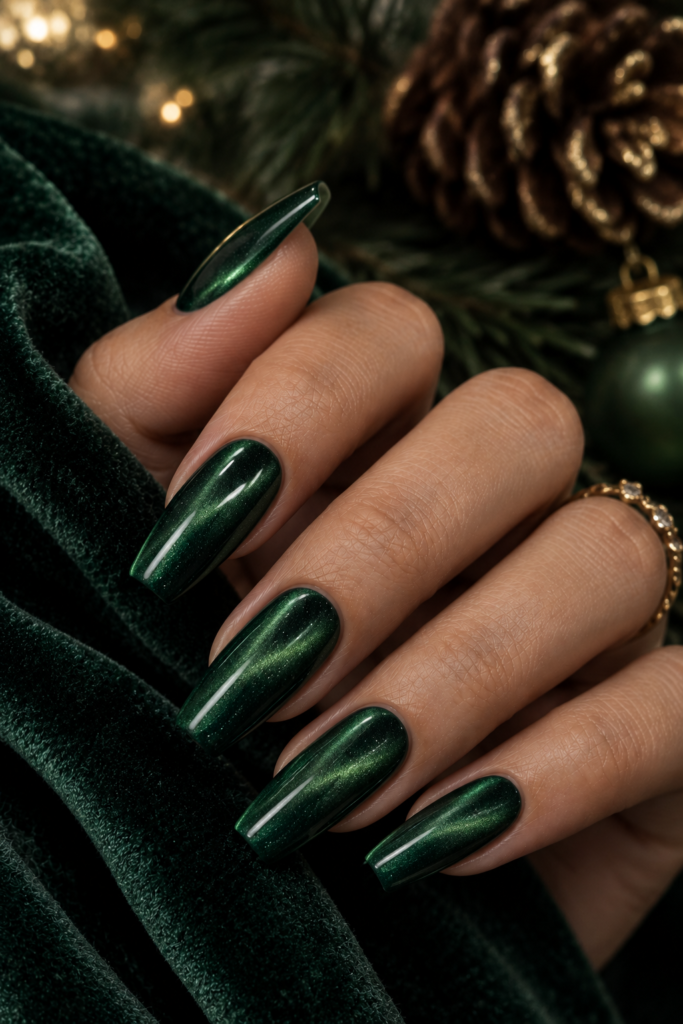 Medium coffin nails with deep evergreen velvet magnetic polish and luminous dimension.