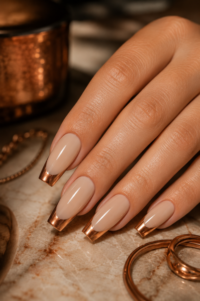 Medium coffin nails with creamy beige bases and reflective burnished copper French tips.
