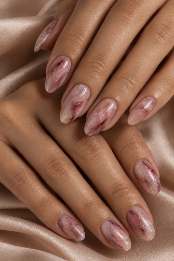 Medium oval berry marble nails with dusty rose and cranberry agate veining
