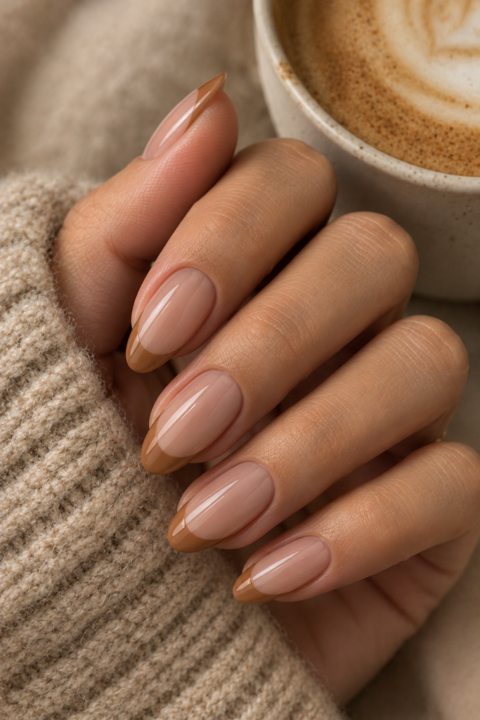 Medium oval nails with sheer nude bases and creamy caramel French tips.