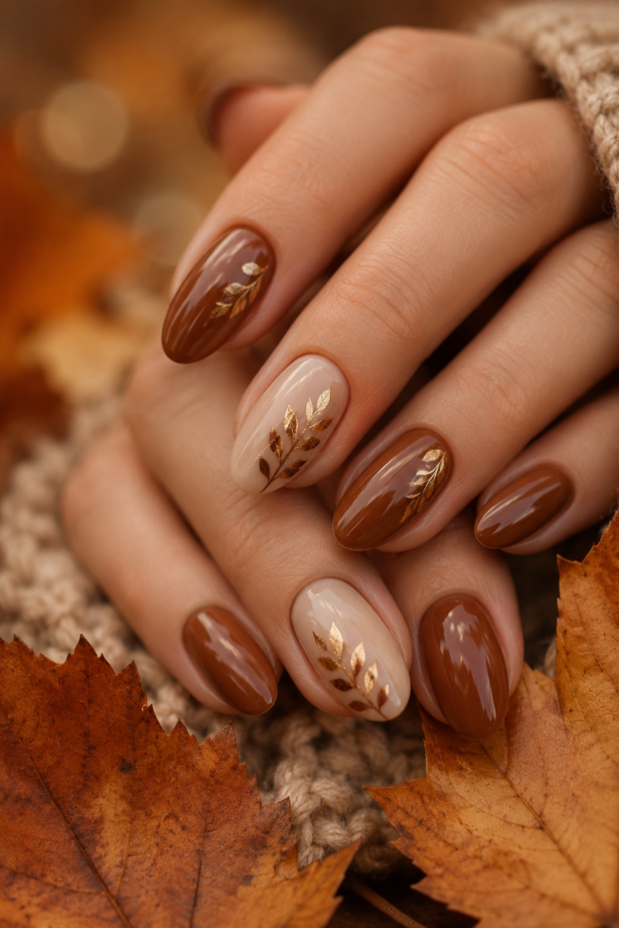 Medium oval nails in maple brown and nude with delicate metallic gold leaf accents.