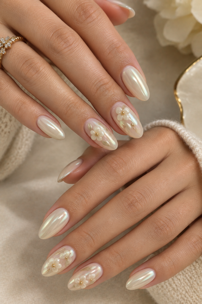 Medium oval vanilla chrome nails with delicate raised ivory flowers