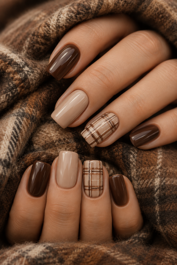 Medium square chocolate brown nails with beige accents and fine caramel plaid nail art.