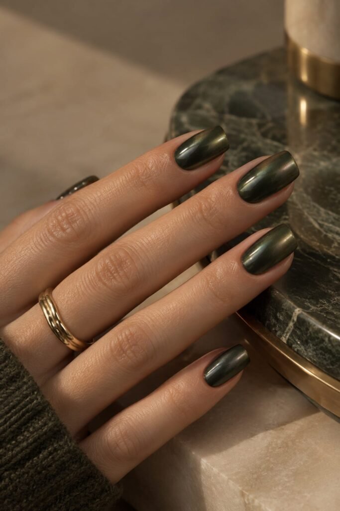 Medium squoval forest green nails finished with a subtle pearlescent chrome glaze.