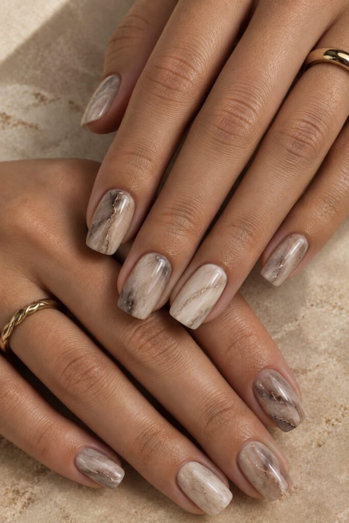 Medium squoval greige marble nails with taupe, mocha, and ivory stone veining