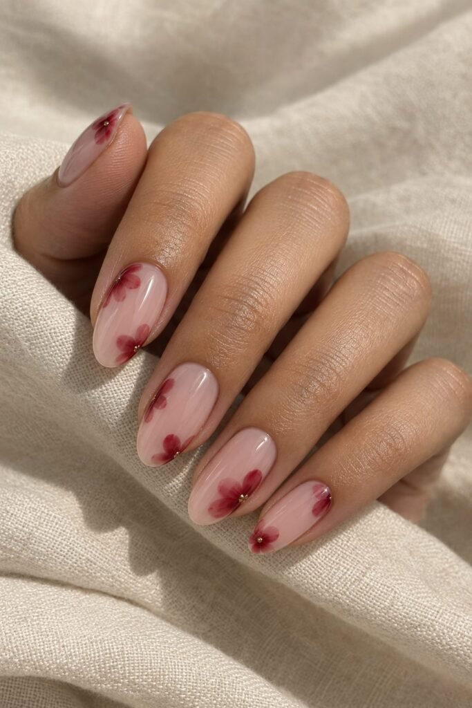 Milky almond nails with soft cherry red blooming gel flowers