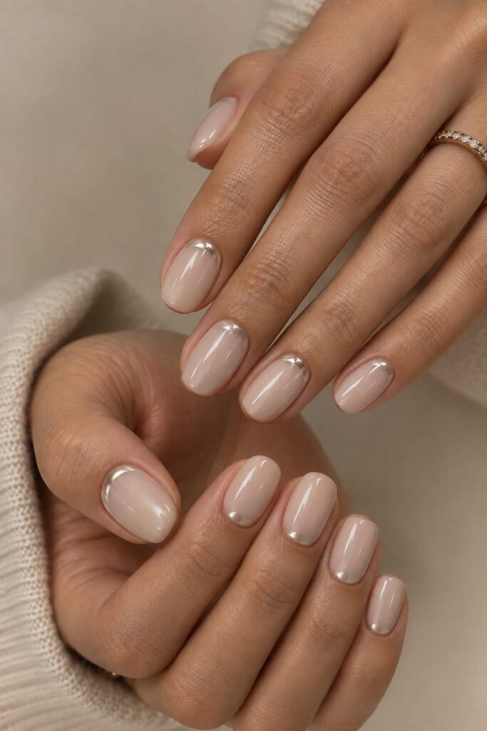 Milky beige chrome nails with minimalist pearl cuticle arcs