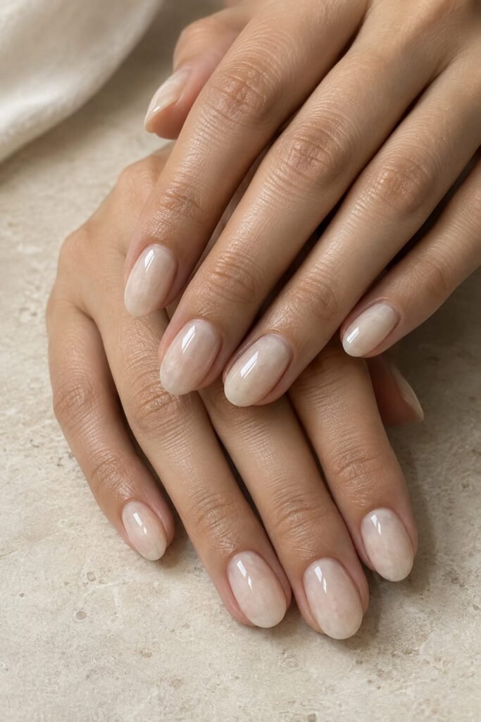 Milky beige oval nails with a soft cloudy glossy finish